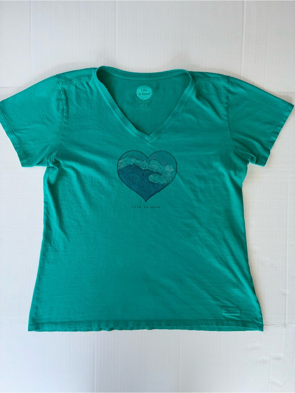 Life Is Good Crusher Tee Women’s Short Sleeve V-Neck Teal Shirt Size Large